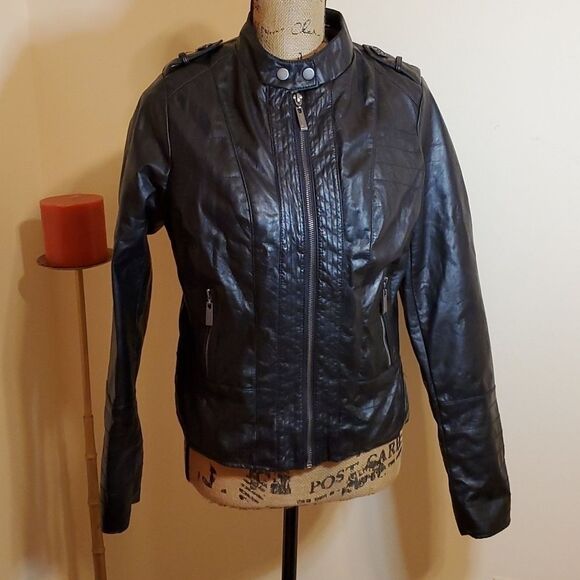 E2 black faux leather, faux fur motorcycle jacket size Small - Picture 1 of 8